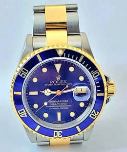 Rolex Submariner 16613 Two Tone Blue: Gender:Men's. Movement:Automatic 3135 . Year made : 2000. Case:Stainless steel (40mm) w/ unidirectional rotatable 18k yellow gold bezel, blue insert, holes case and scratch resistant sapphire crystal.