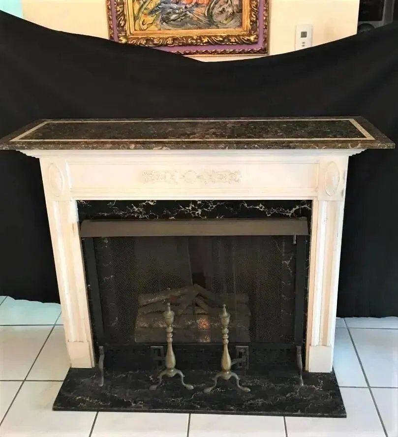Large Antique Wood Marble Fireplace Mantel (1 of 9)