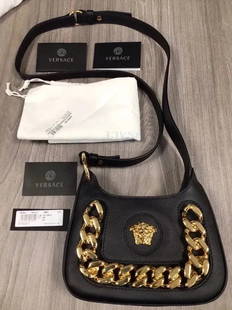 NEW Versace Medusa Chain Mini Hobo Shoulder Bag: Gorgeous black leather bag made in Italy. Size - 8" x 6" x 3"with adjustable shoulder strap - 22". Retail: $1,775. Comes with dust bag.