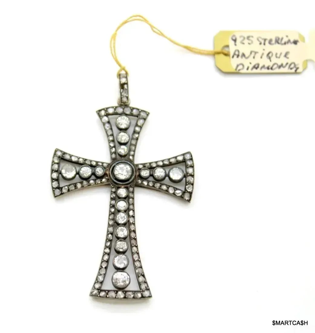 1800's ANTIQUE RUSSIAN SILVER CROSS WITH OLD MINER DIAMONDS APPROX. (3.45CT) DIAMONDS OLD CUT STONES (1 of 10)