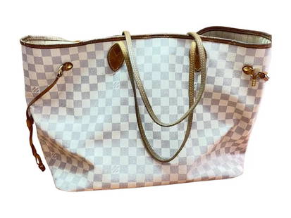 Louis Vuitton Damier Azur Neverfull PM White Tote Bag: 11.4 x 8.7 x 5.1 inches.Damier Azur coated canvas.Made in USA