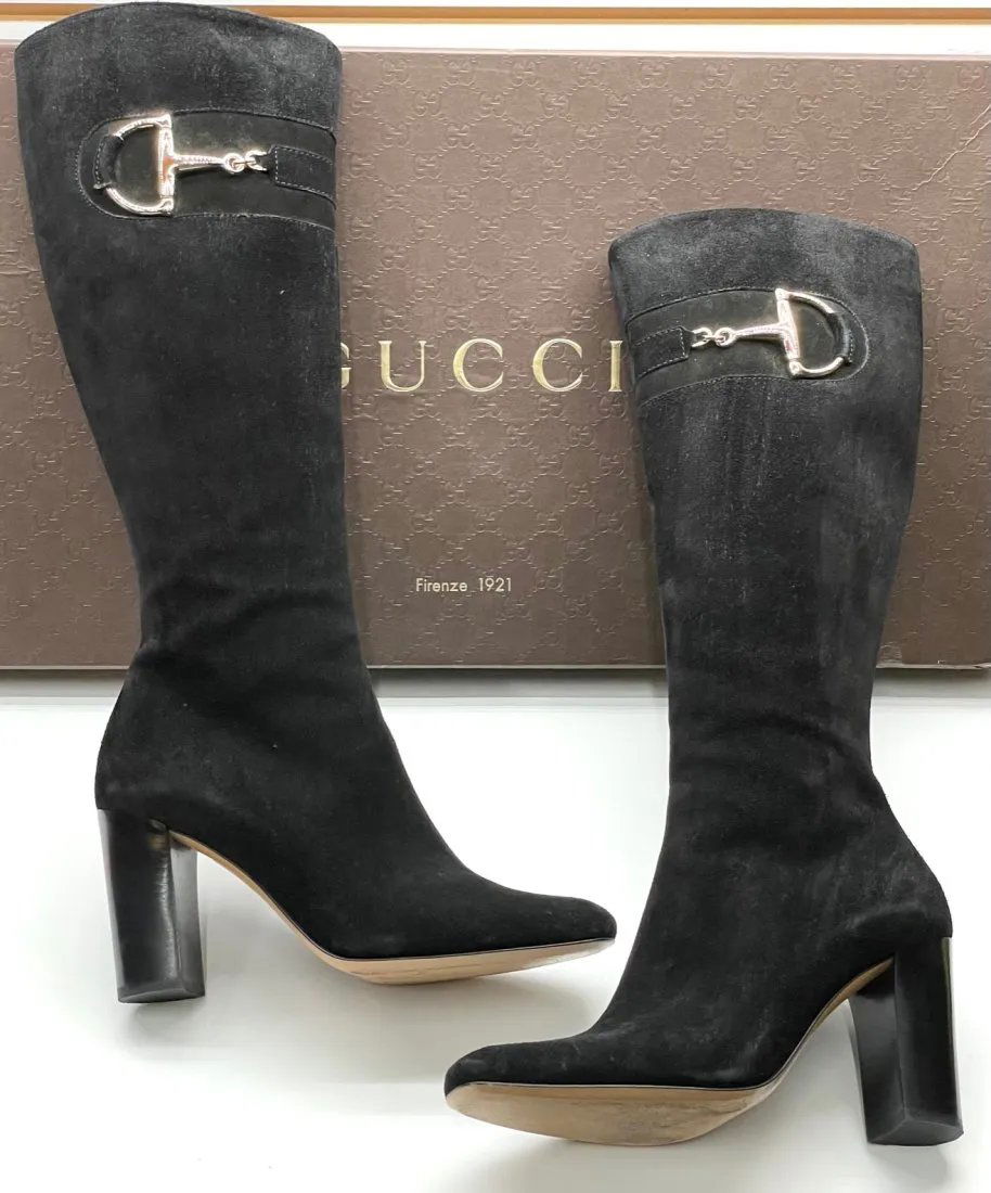 Gucci Suede Horsebit Heel Knee Lady's Boots Brown Chocolate Size:38C/8(US) 217204 (1 of 11)
