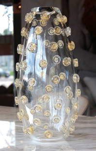 Italian Murano Glass Large Vase Signed by Cornelio Cappellini 44 cm - 17": Large hand-blown glass vase, Italy, Murano. Gold-brown glass vase with spikes, engraved with signature on base. Heavy and decorative piece, made in Murano. Signed. Dimensions: 17.2"X7.5" inches