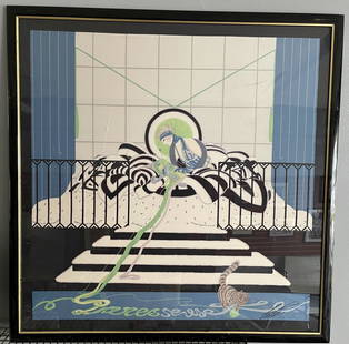 Erte (Romain de Tirtoff 1892 - 1990 Russian French) Art Deco Oversized Silk Scarf Paresseuse 1980: In the 1980s, Erte worked with Carry Back Ltd. and released a group of silk scarves made in Italy. This design is entitled Paresseuse (Lazy Girl) and measures approx 35” square. It has been fram