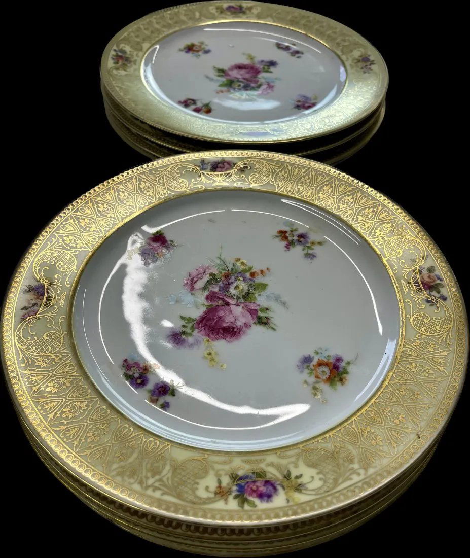set of 8 Antique Tirschenreuth Bavaria Flowers Heavy Gold Filigree Dinner porcelain Plates 10 3/4" (1 of 12)