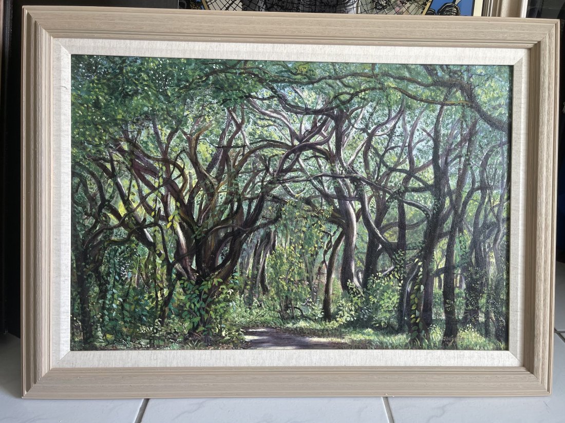 FLORIDA HIGHWAYMEN Oil on canvas by Therese Burke 1994: Oil on canvas by Therese Burke , signed and dated 1994 .measures 36 in. by 26 in. (including very nice wooden frame) IN EXCELLENT CONDITION