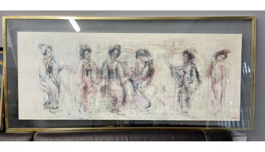 Edna Hibel Plotkin (American 1917 - 2014) X- Large Drawing Pencil Crayons Pastel Chinese Motive: Edna HIBEL Beautiful X- Large Drawing Pencil Crayons Pastel Chinese Motive . Measures 58” x 25” inches. Under plexiglass from both sides . Very heavy.Artist Edna Hibel Plotkin (American 19