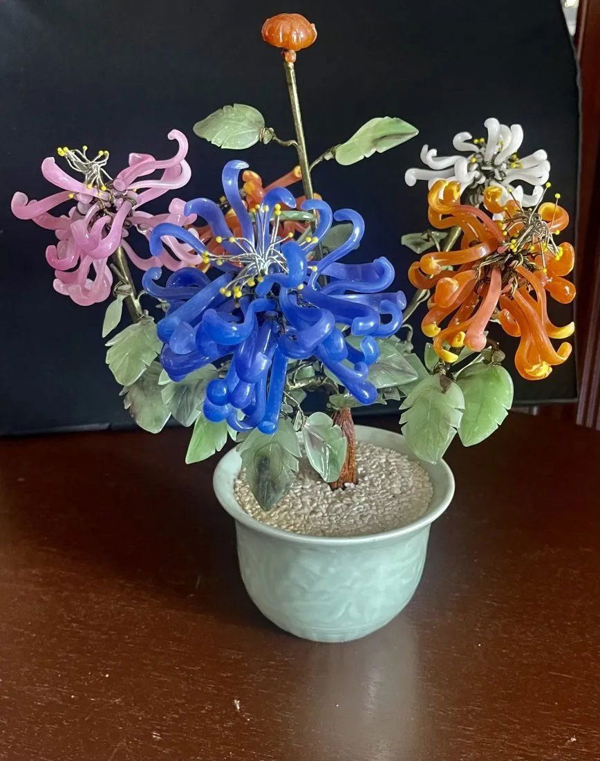 Large Chinese Chrysanthemum Jade Bonsai Tree 12" x 11" (1 of 7)