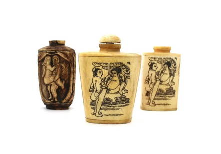 Chinese Hand Carved Snuff Bottles with detailed EROTIC ink drawing: Lot of 3 Chinese Snuff Bottles. Hand carved with detailed ink drawing. Dimensions approximately 3"X1.5" (8x4cm).Weight: 7 oz (202 grams). Inventory #RZA