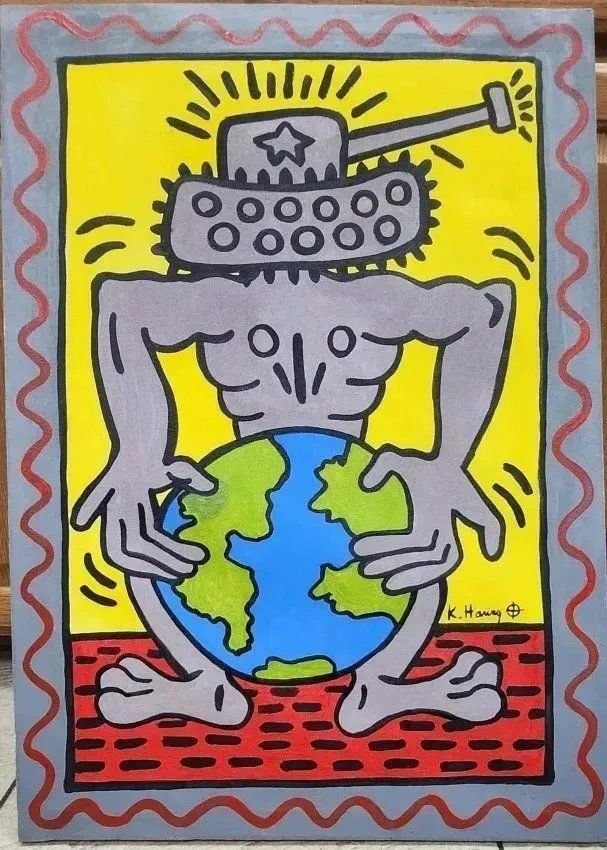Keith Haring Style Nude Tank headed man covering private parts with earth Oil on canvas 19" x 27": Keith Haring style oil on canvas . MEASURES 19.50 "x 27.50" INCHES . In very good condition .