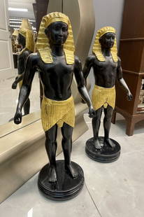 Pair large bronze Egyptian Warriors statues on marble bases 33” tall: Pair large bronze Egyptian Warriors statues on marble bases. Measures 33” tall , in excellent condition.
