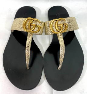 GUCCI Marmont GG Leather Gold Thong Sandals - Size EUR 36 / US 5.5: GUCCIMarmont GG LeatherGold ThongSandals,Size - US 5.5 / UK 3.5 / EUR 36