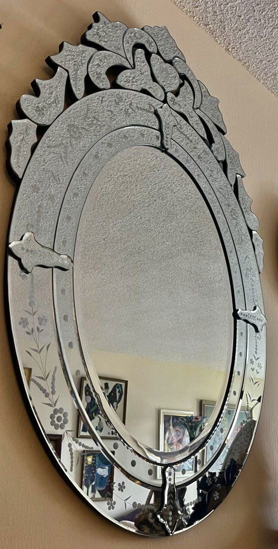 XL Vintage Venetian Cut Glass Oval Wall Mirror 41" x 26" (1 of 11)