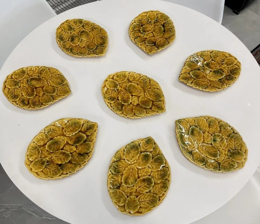 Majolica Made in France Portieux Vallerystahl P.V. serving Set of 8 porcelain Dishes: Majolica Made in France Portieux Vallerystahl PV Leaf Plates Dessert Salad serving Set of 8 porcelain Dishes , measures 8 ? inches by 6.5 inches
