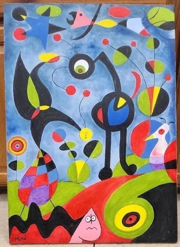 JOAN MIRO After (THE Garden) Oil on canvas 19" x 27": After Joan Miro "The Garden" Oil on canvas , measures 19" x 27" inches . in very good condition .