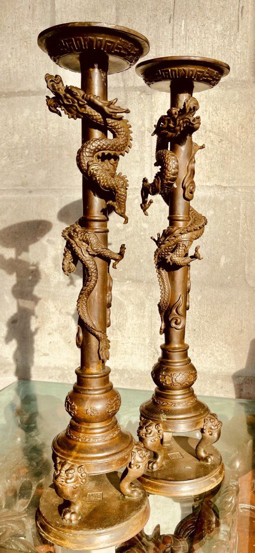 Unique PAIR OF LARGE Antique Chinese BRONZE  DRAGON CANDLESTICKS (1 of 20)