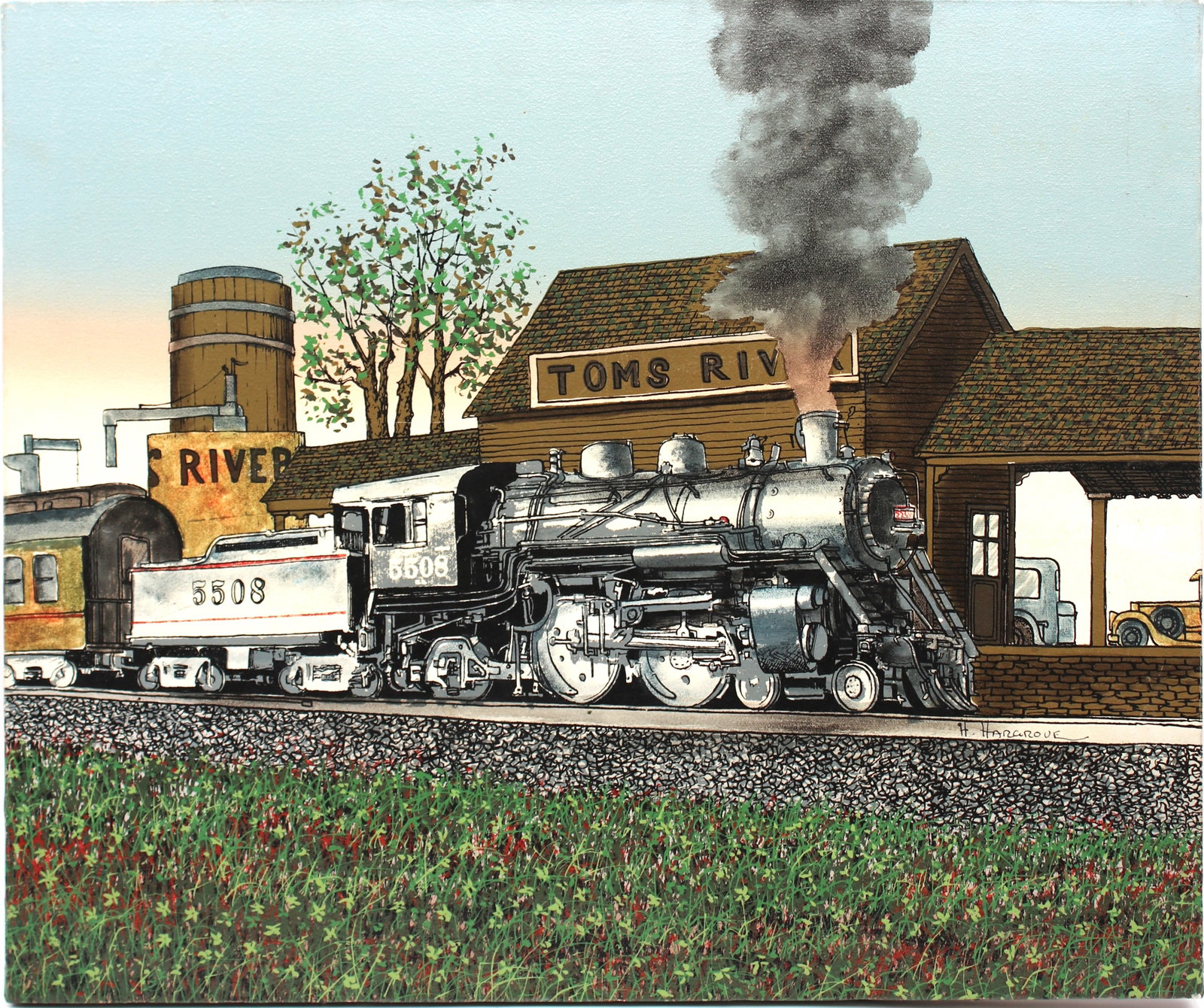 H Hargrove "Tom's River 5508 Train" Serigraph On Canvas: Serighraph of H.Hargrove painting "Tom's river 5508 Train". Signed by the artist. H. Hargrove was born in 1941,Nicolo Sturiano grew up in a small town just outside of Palermo, Italy.A graduate of the 