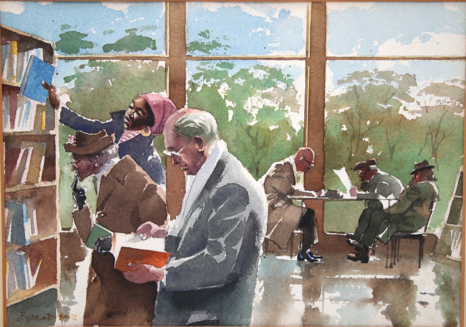 "Public Library" by Bernard Bays. Watercolor painting on Paper. Signed and framed.SB (1 of 6)