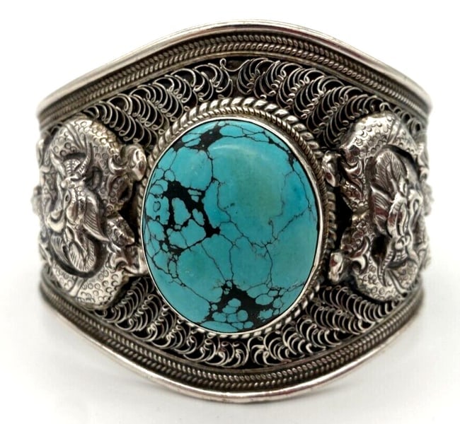 Vintage Tibeta Sterling Silver Spiderweb Turquoise Cuff Bracelet Native American (1 of 11)