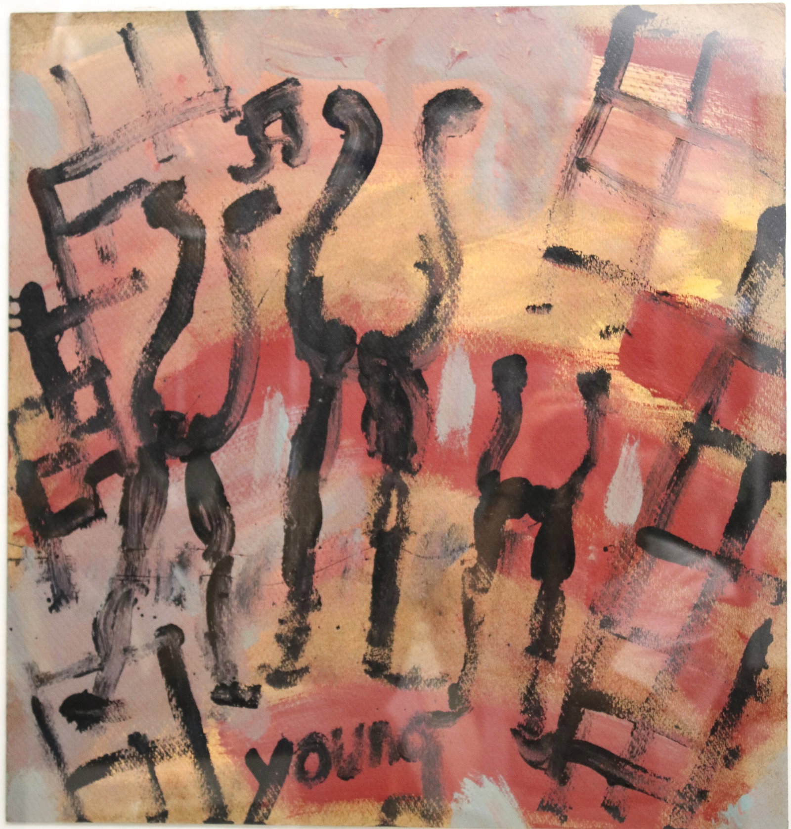 Purvis Young painting on a board: Purvis Young painting on a board. Signed by the artist. Presented in a bright colors of red, yellow and black details. Purvis Young (1943-2010) was a self-taught artist from Miami's Overtown neighborh