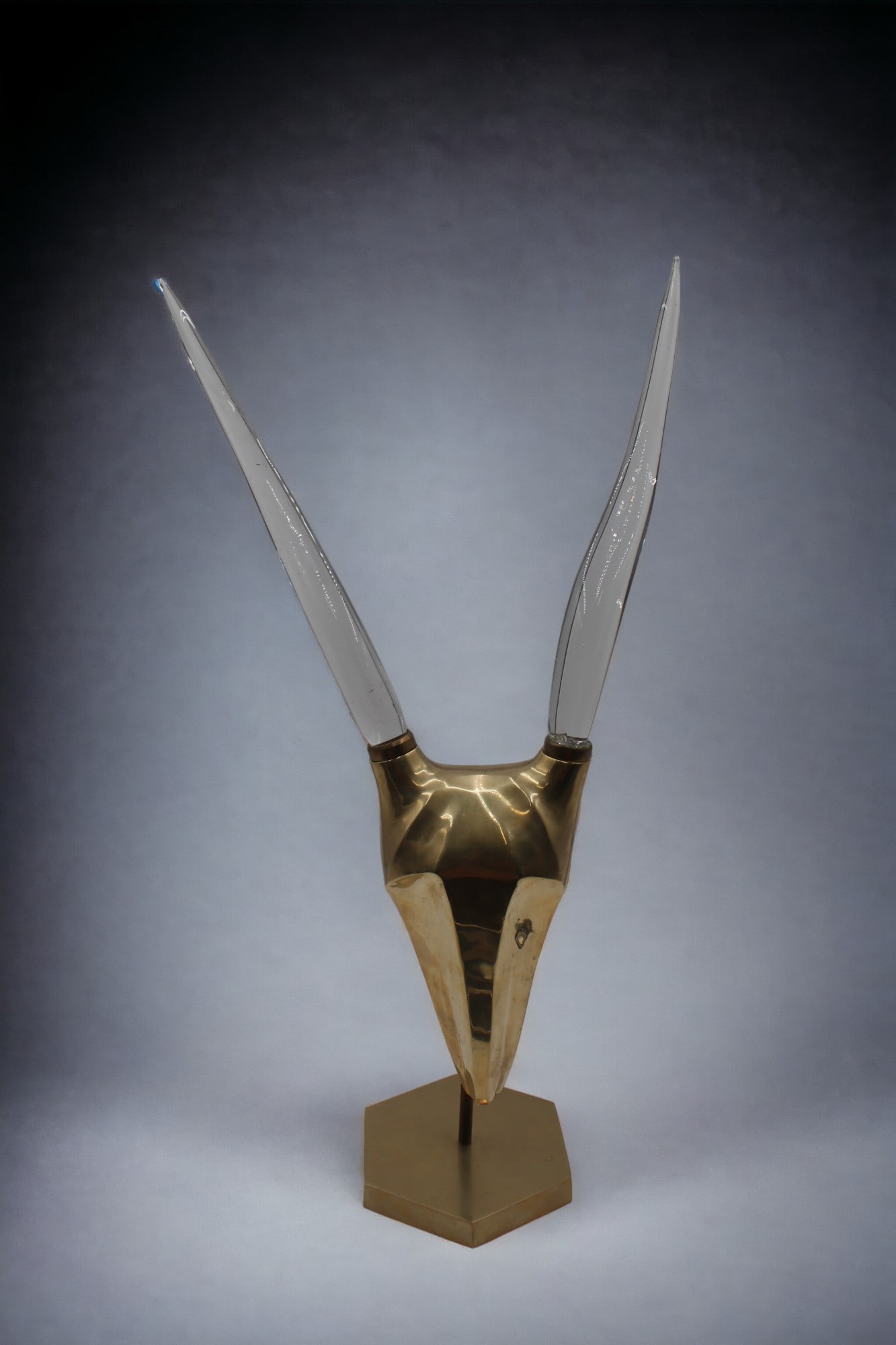 Karl Springer style Brass Gazelle head sculpture with Glass horns: Karl Springer style Brass Gazelle head sculpture with Glass horns. 29x7x7"