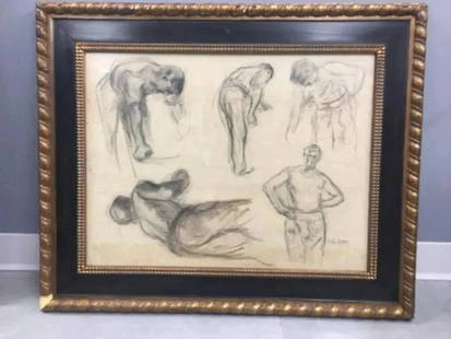 Felix Gogo (Belgian 1872-1953). Antique Abstract  Pencil Charcoal Drawing: Felix Gogo (Belgian, 1872-1953). Antique charcoal pencil drawing on paper. Depicts abstract figures on paper. Artist signature, lower right corner. Housed in vintage gilt wood frame. Size: 26 X 24" in