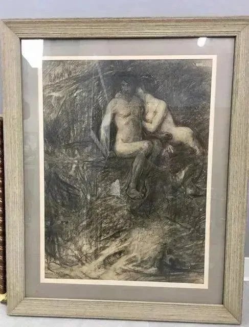 Felix Gogo (Belgian 1872-1953). Antique Abstract Nude couple Charcoal Pencil Drawing: Felix Gogo (Belgian, 1872-1953). Antique charcoal pencil drawing on paper. Depicts an abstract Nude couple on gray paper. Artist signature, lower left corner. Housed in a nice vintage wood frame. Size
