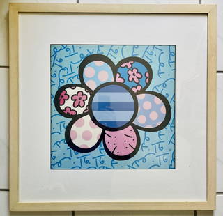 Romero Britto (Brazilian, b. 1963) Large " Flower Power IV (Blue)" Litho Mirror Digital Print: Romero Britto (Brazilian, b. 1963) " Flower Power IV (Blue)" Digital Print. Dimensions: 21"High x 19" Wide inches including frame. In Excellent condition. . //////// Romero Britto (6 October 1963)