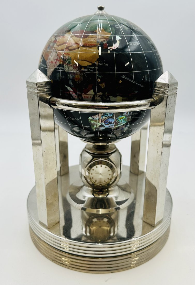 Mother of Pearl & Gemstone Rotating Globe with Three Quartz Clocks & Thermometer (1 of 4)