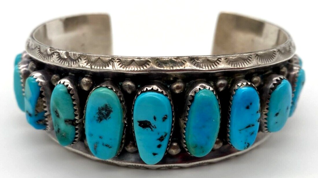 Vintage Navajo Hand Made Sterling 17 Turquoise Oval Stones Cuff Bracelet (1 of 5)