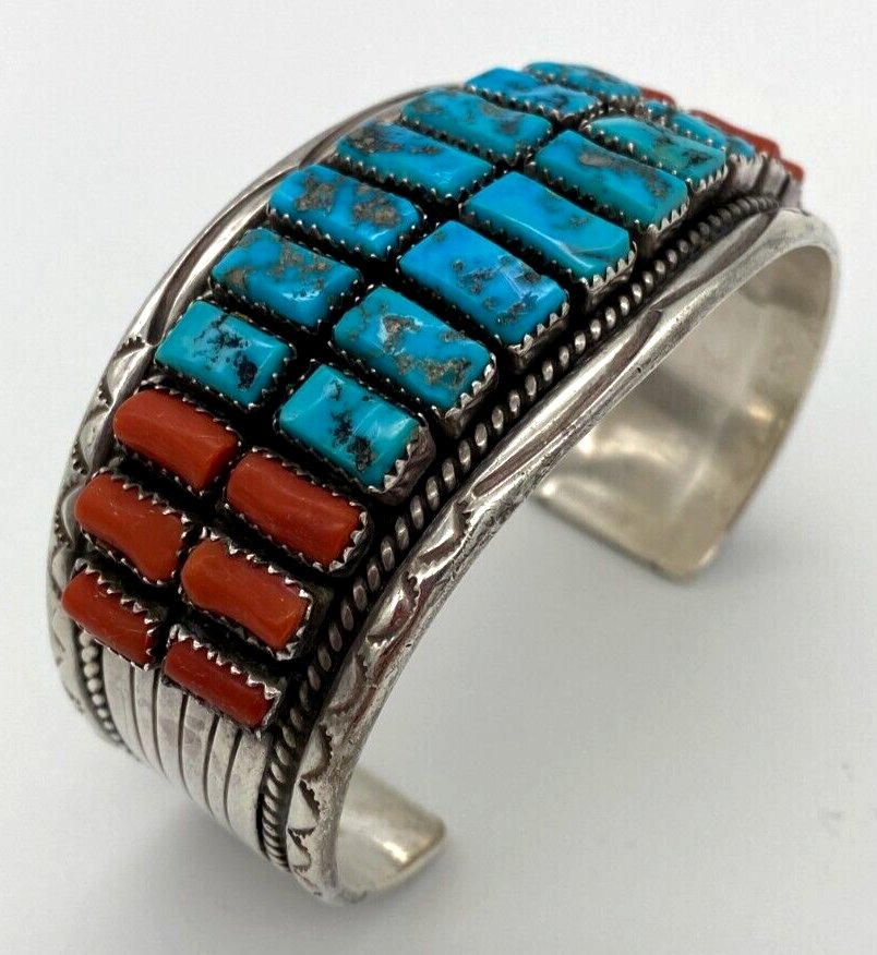 Vintage Navajo Hand Made Sterling Turquoise and Coral Cuff Bracelet / T.T (1 of 9)