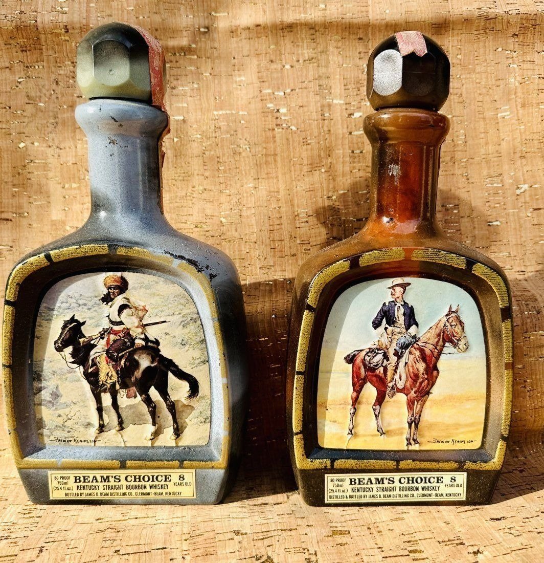 LOT of 2 Jim Beam Vintage Collectors Decanter Bottles Frederic Remington Art 8 Year: lot of 2 Jim Beam Vintage Collectors Decanter Bottles Frederic Remington Art 8 Year. Two Vintage Jim Beam Decanter Bottles with Frederic Remington Art Western America 8 years. Dimensions: 11" high x 5