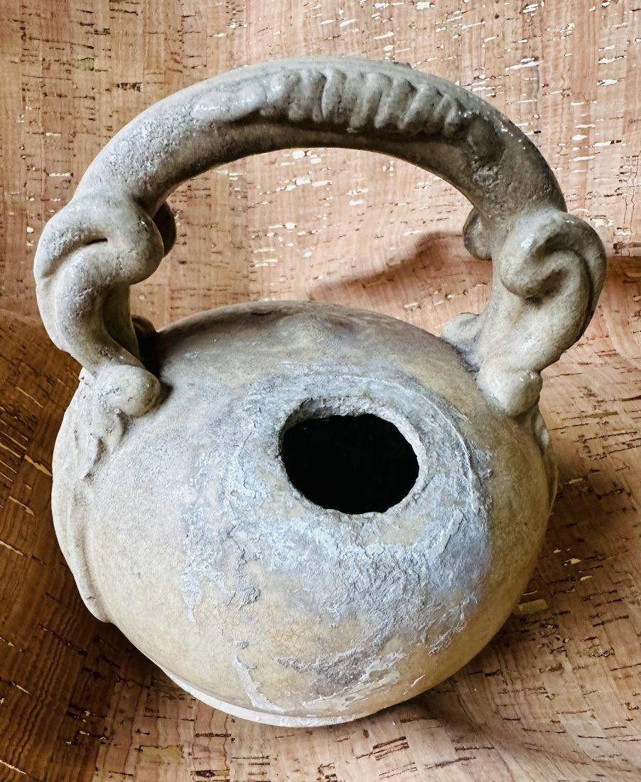 Antique Vietnamese Pottery Lime Pot: Antique Vietnamese Pottery Lime Pot. Southeast Asia, Vietnam. Unusual pottery bale handled pot used to hold lime powder. Lime was used as a means of enhancing the effects of opium. Dimensions: 8" inch