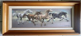Running Horses Oil on Canvas  Large Painting Signed 48 x 22 inches