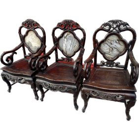 Antique 3 French 18th Century carved ebony wood armchairs with Marble