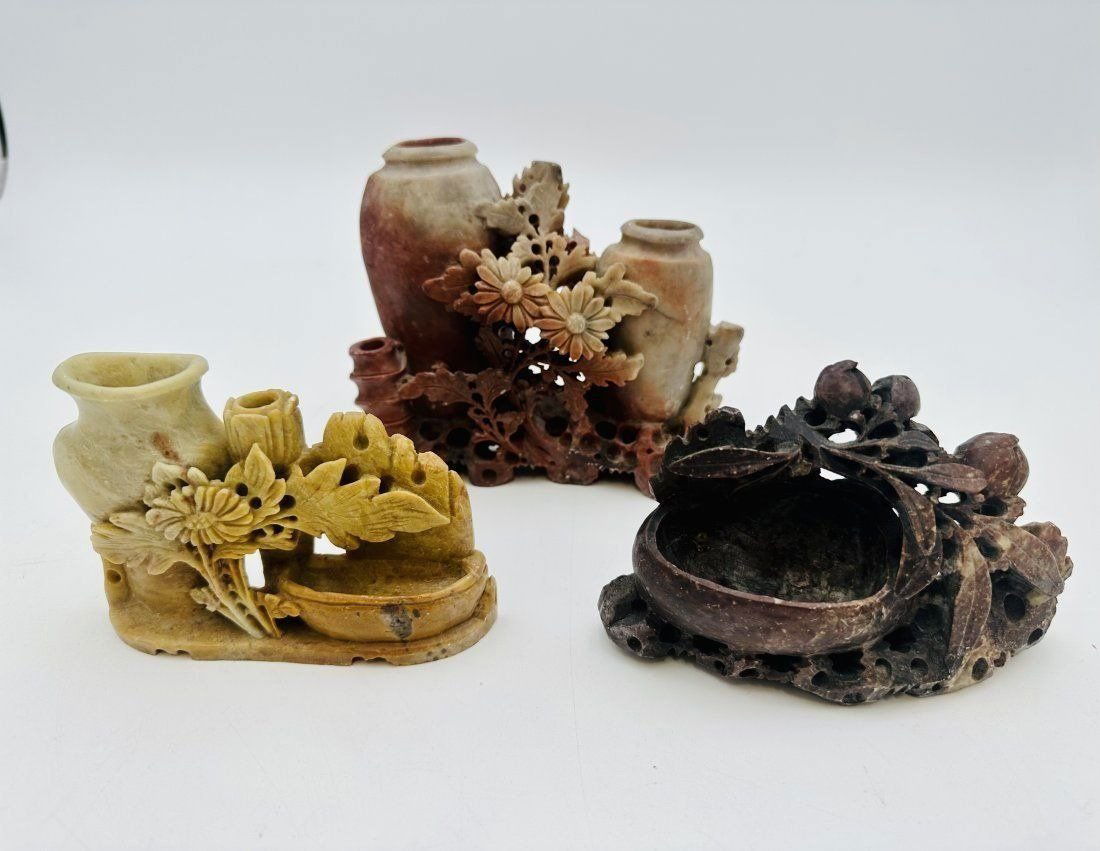 Lot of 3 Chinese Antique Carved Soapstone Figurine Vases (1 of 7)