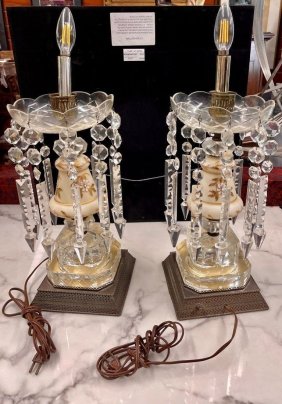 Antique Pair of Crystal Glass Lamps