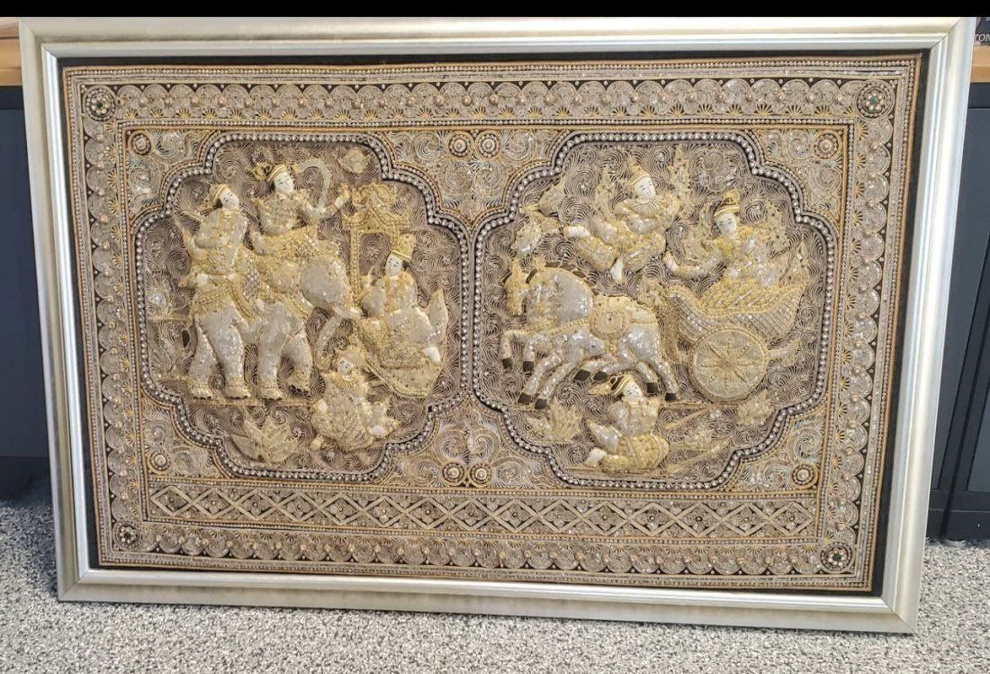 Vintage Large Burmese Kalaga Texttile Tapestry with Crystals stones, beads, and sequins  52x75" (1 of 8)