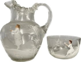 Antique Mary Gregory Enameled  2 Art Glass PORTRAIT ruffle Water PITCHER and Bowl Ca. Late 19th Ce