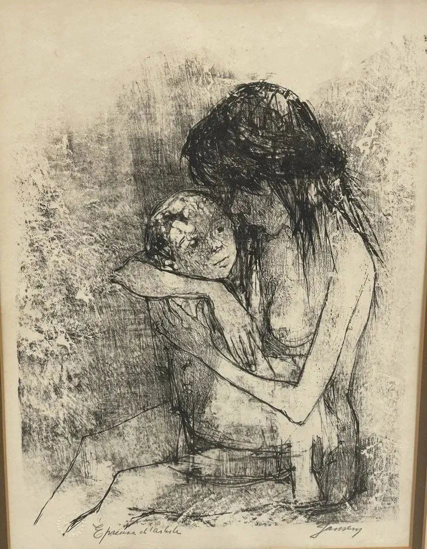 JEAN JANSEM (French 1920-2013) Etching Nude with a Child: JEAN JANSEM (French 1920-2013) Etching. Signed lower right, Measures frame 21 inches x 17 inches (53cm x 43cm)