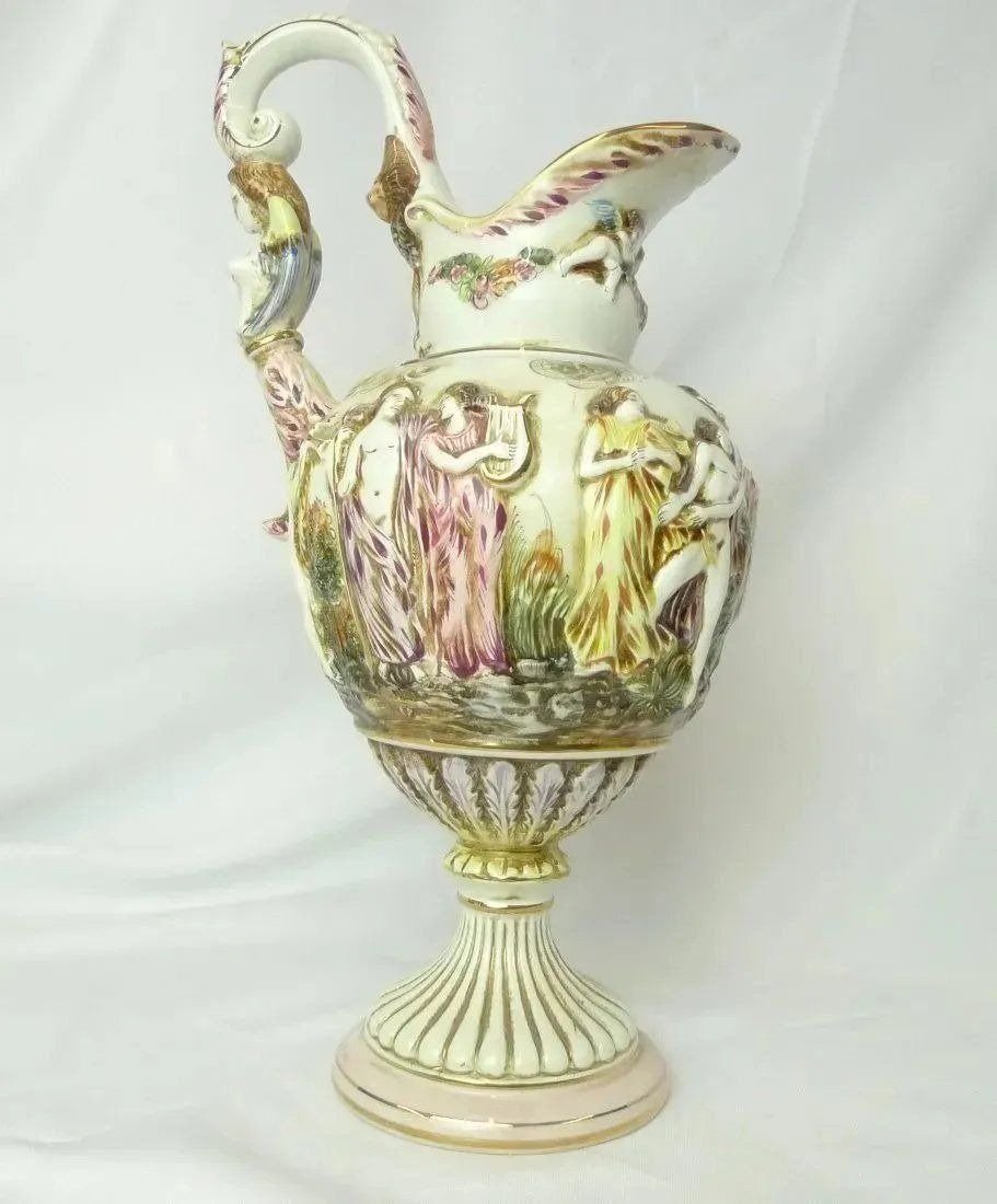 Capodimonte Style Porcelain Large Vase.19" Nymphs and Cupids: This is beautiful porcelain Capodimonte Style Vase with stamp on the bottom. Very rare. Hand painted with gold paint details. This measures 17 inches tall with lid, and the width is 9". Inventory #RZA