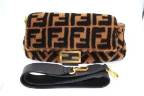 FENDI Shearling Vitello Dolce Macro FF 1974 Baguette Tobacco Black Bag