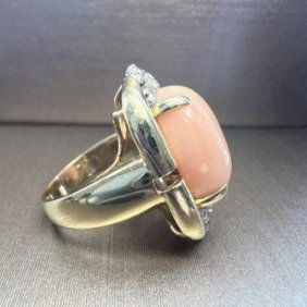 CORAL PINK RING WITH DIAMOND 0.5 CTS GH SI1 YELLOW GOLD 14K
