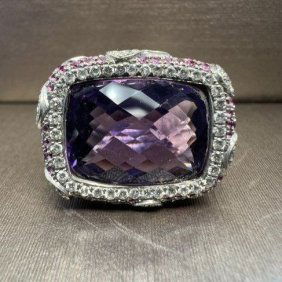 AMETHYST RING WITH DIAMONDS 1.5 CTS GH SI1, SMALL PINK SAPPHIRE 2.0 CTS, WHITE GOLD 18K