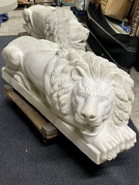 Monumental  Large PAIR Carved MARBLE RECUMBENT LIONS