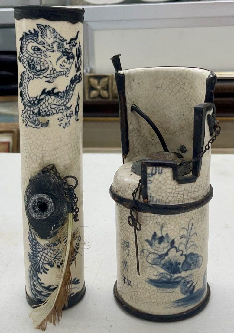 Lot of 2 Antique Chinese Blue & White Opium Water Pipes (1 of 12)