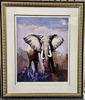 Large MARK KING Original Color Serigraph Elephant Lone Tusker Signed seal Numbered