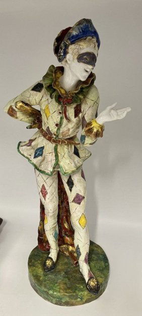 Eugenio Pattarino (Italian 1885-1971) Large Porcelain Statue of Harlequin 26.5" tall
