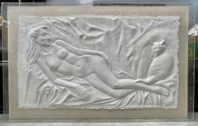 Dana Greene Large bonded paper relief sculpture Nude w/ Cat in Lucite Frame limited edition 52/300