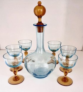 George Sand set Handmade Crystal from Portieux France 2 tones amber and azure